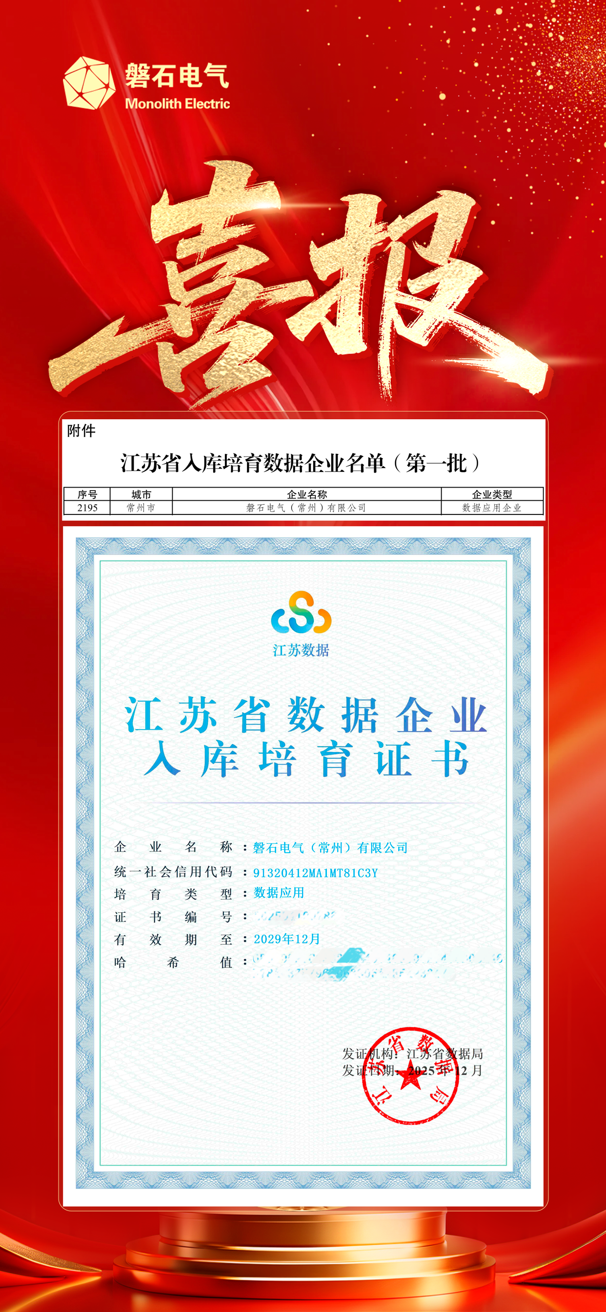 喜報(bào)：磐石電氣成功入庫(kù)“2025年江蘇省首批入庫(kù)培育數(shù)據(jù)企業(yè)”